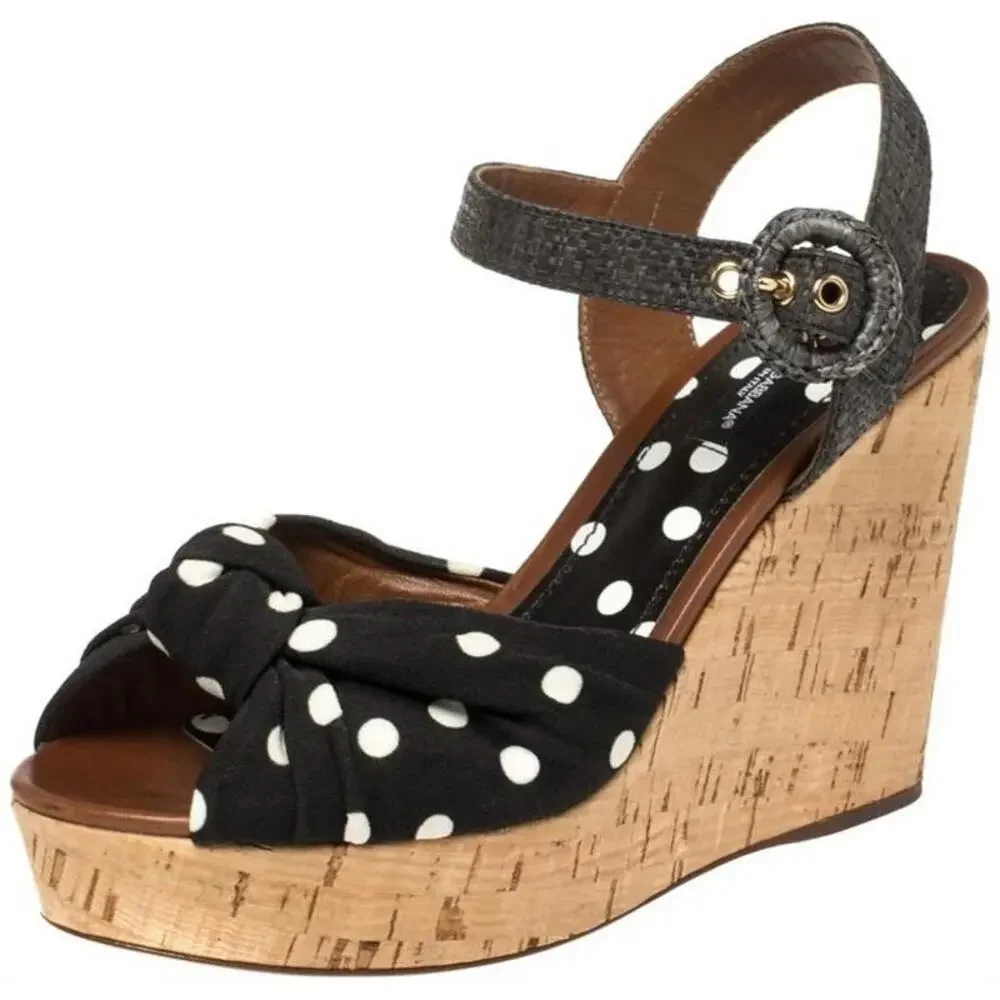 Dolce & Gabbana Polka Dot Cork Wedge Sandals Ankle Strap Women's US 7.5 - Picture 2 of 9